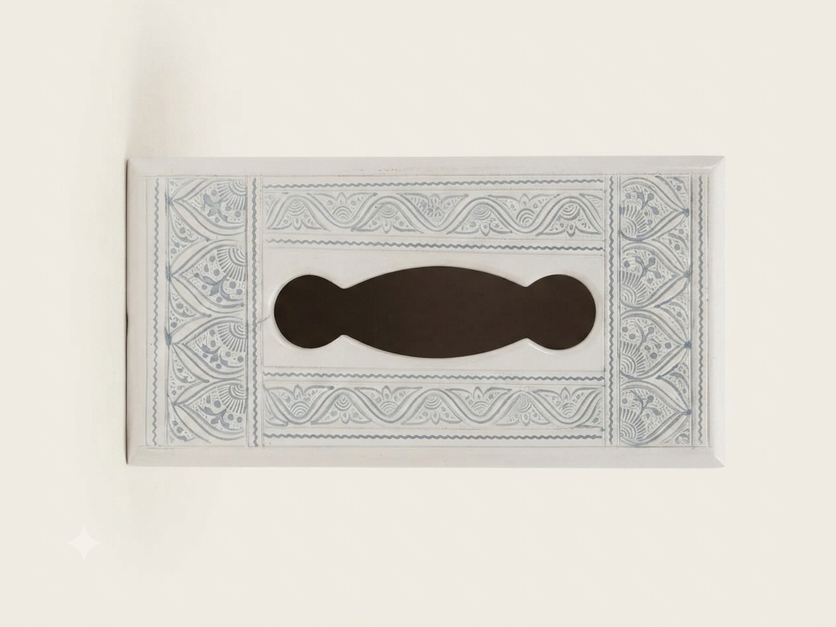 Handcrafted Wooden Tissue Box – Elegant White & Grey Vintage Pattern
