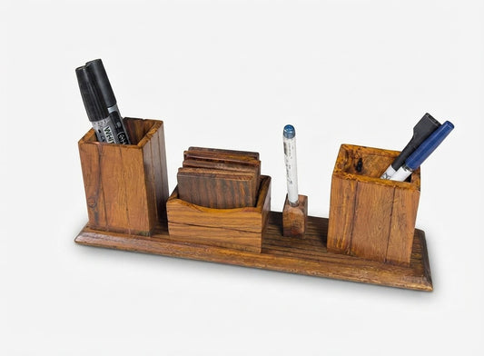 Handcrafted Wooden Desk Organizer Set with 6 Tea Coasters – Office Table Stand - My Store
