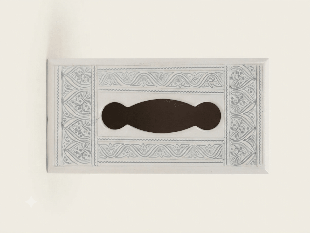 Handcrafted Wooden Tissue Box – Elegant White & Grey Vintage Pattern - My Store