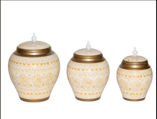 3-Piece Handcrafted Wooden Jar Set – White & Gold Lacquer Art Decorative Canisters - My Store