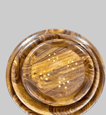 3-Piece Handcrafted Wooden Round Serving Tray Set – Brass Dot Inlay - My Store