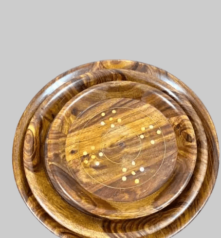 3-Piece Handcrafted Wooden Round Serving Tray Set – Brass Dot Inlay - My Store