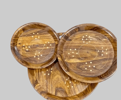 3-Piece Handcrafted Wooden Round Serving Tray Set – Brass Dot Inlay - My Store