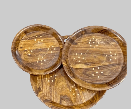 3-Piece Handcrafted Wooden Round Serving Tray Set – Brass Dot Inlay - My Store