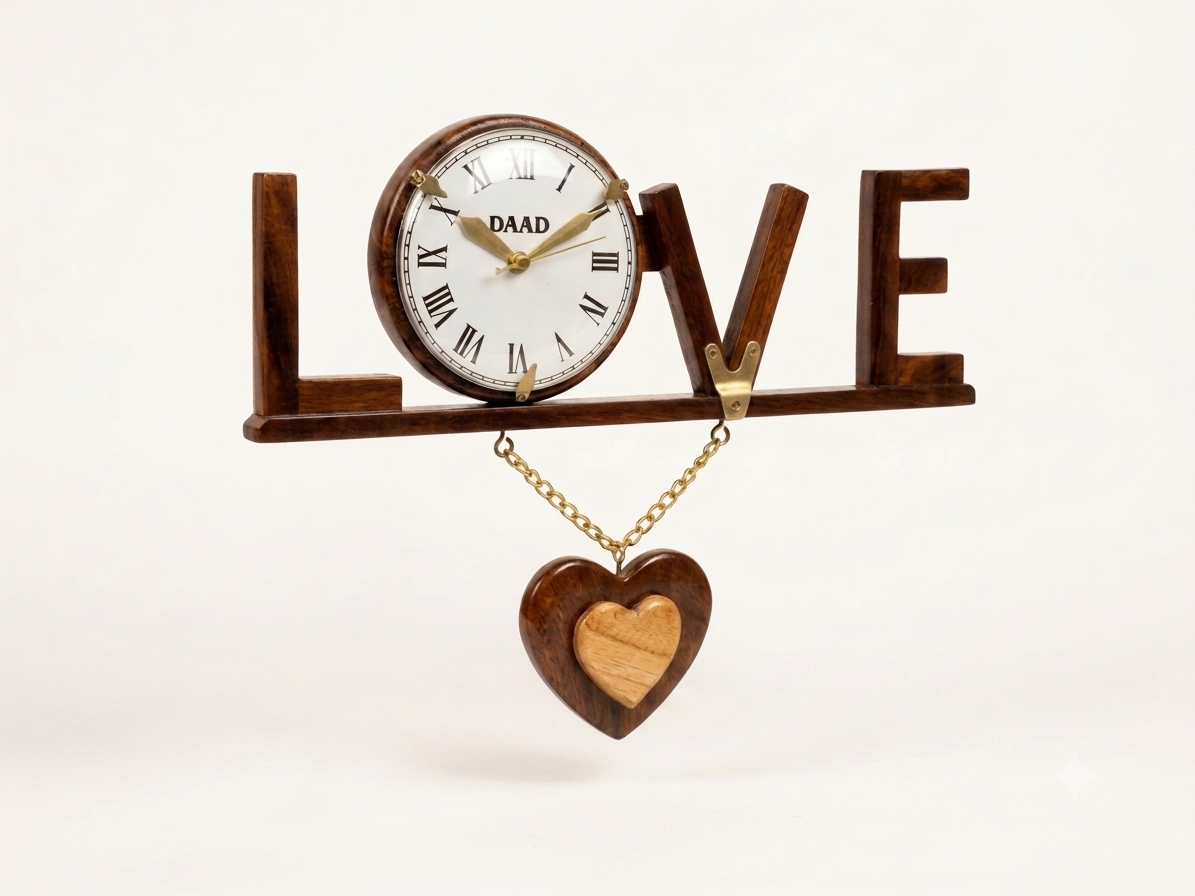 Handcrafted Wooden LOVE Wall Clock with Hanging Heart Pendant