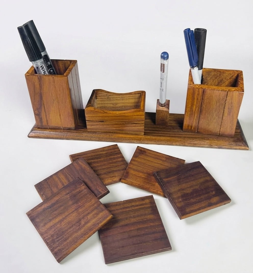 Handcrafted Wooden Desk Organizer Set with 6 Tea Coasters – Office Table Stand - My Store