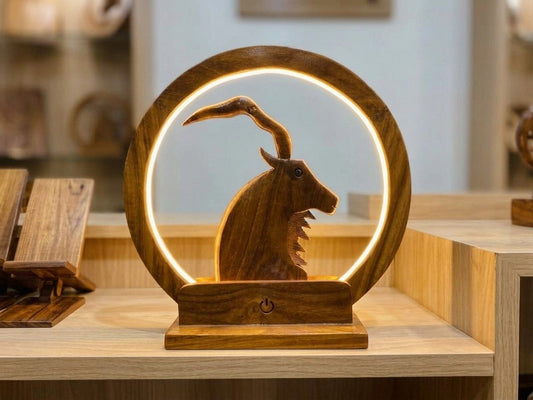 Handcrafted Wooden Markhor Ring Lamp – Circular LED Ambient Night Light - My Store