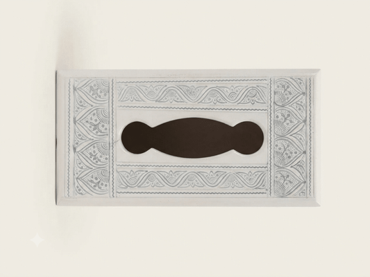 Handcrafted Wooden Tissue Box – Elegant White & Grey Vintage Pattern - My Store