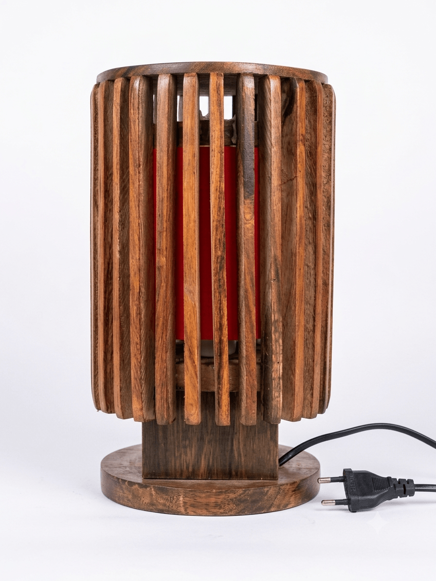 Modern Handcrafted Wooden Table Lamp – Slatted Cage Design with Red Shade - My Store